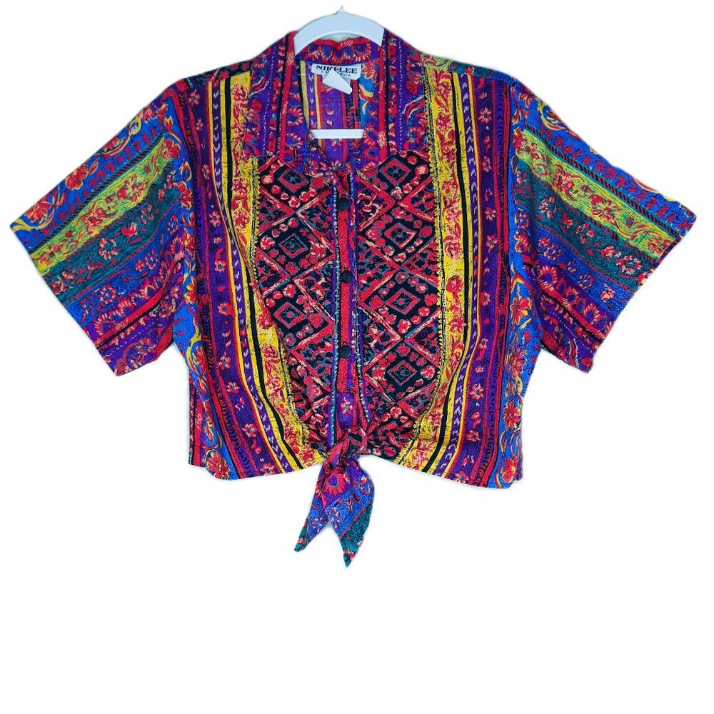 Vtg Aztec Patchwork Cropped Top Tie Front Cotton Boho Western Rodeo Prairie